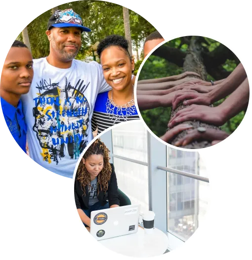 Collage of a smiling family outdoors, hands stacked together, and a woman working at a laptop