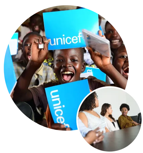 Collage of children holding UNICEF signs and a group meeting around a table