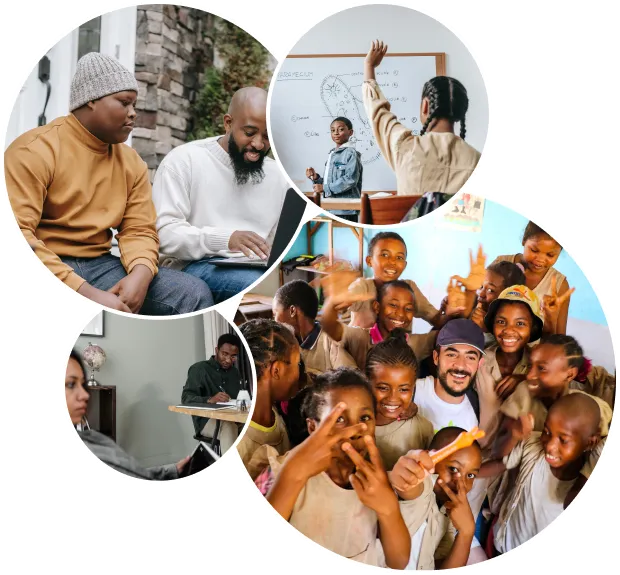 Collage of a group of men talking, a classroom, a man in an office and a crowd of children with a volunteer